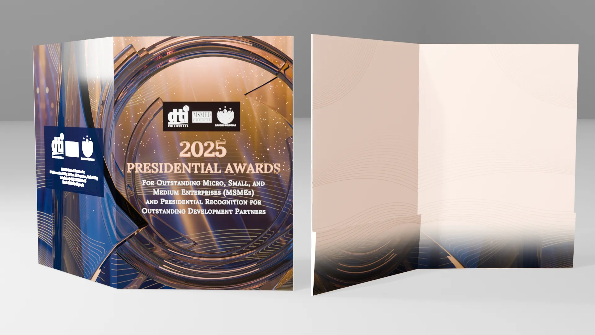 DTI 2025 Presidential Awards folder mockup showing the event identity applied to printed collateral.