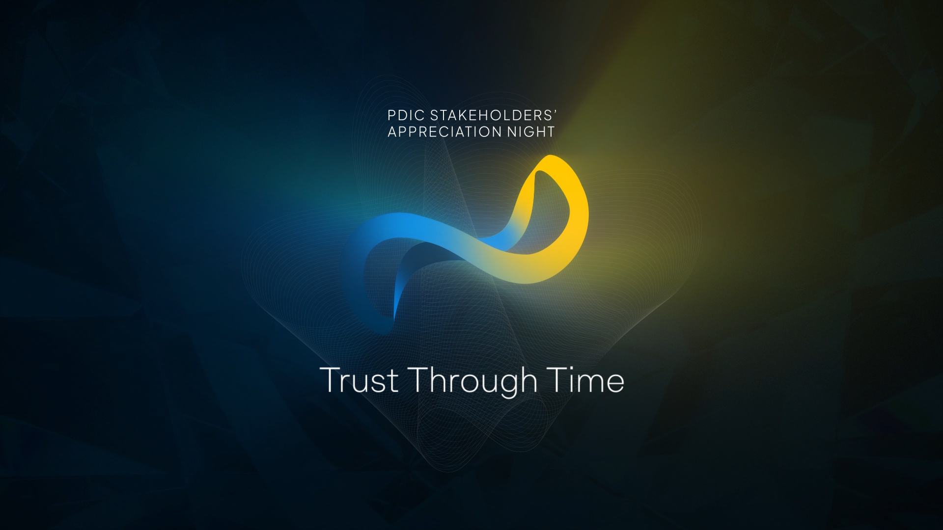 The official branding for the PDIC Stakeholders' Appreciation Night. It features a stylized, flowing infinity symbol in blue and yellow, with the event title and the tagline "Trust Through Time" on a dark, abstract background.